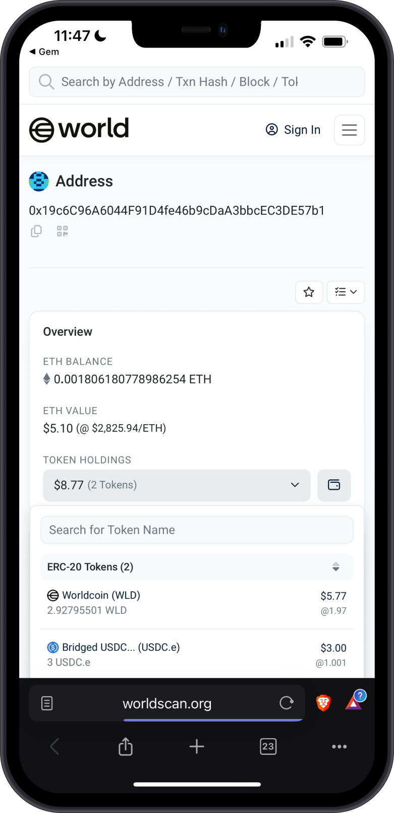 World ETH Address on World Scan 