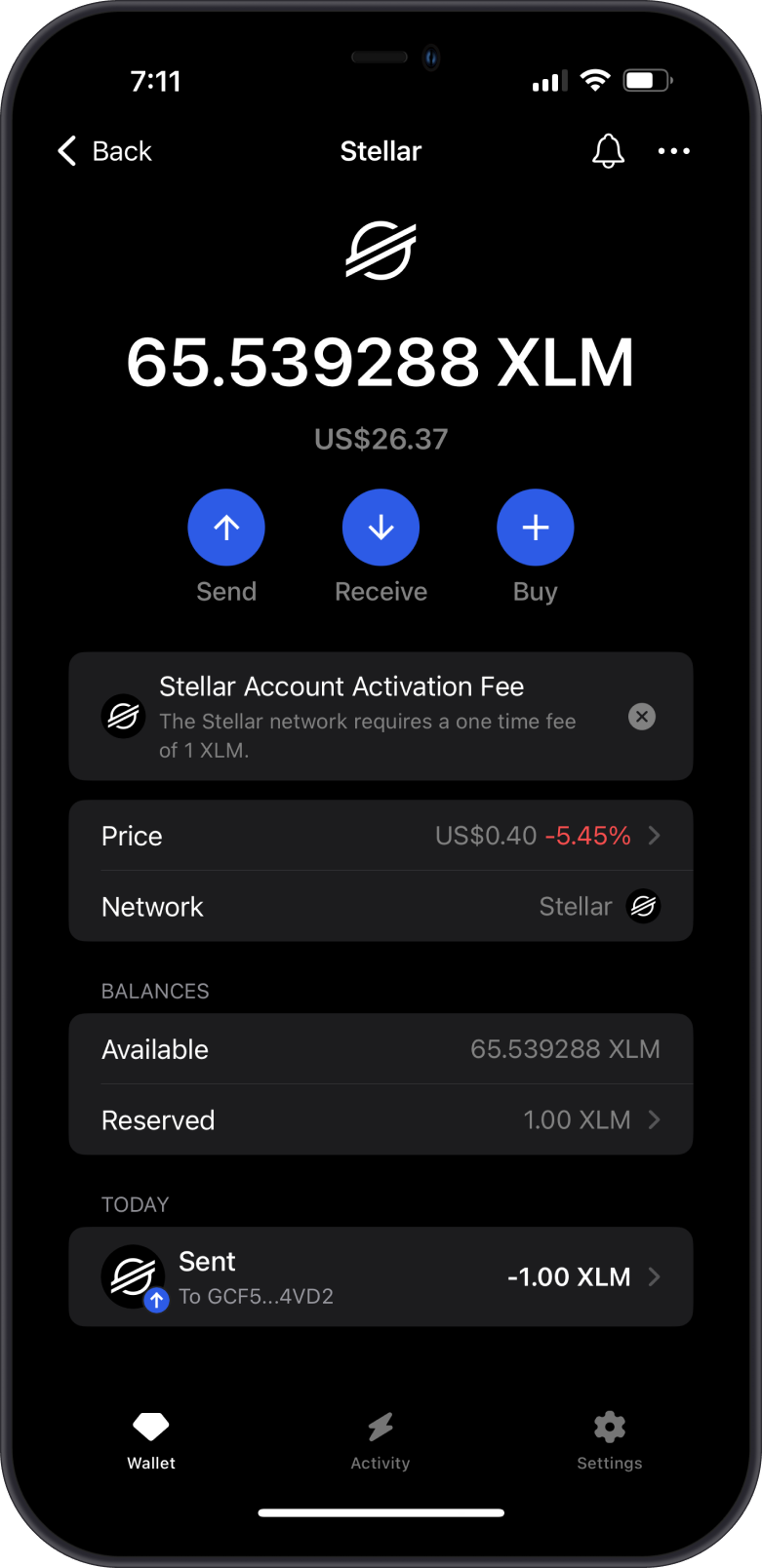 XLM Wallet with the Reserve Fee