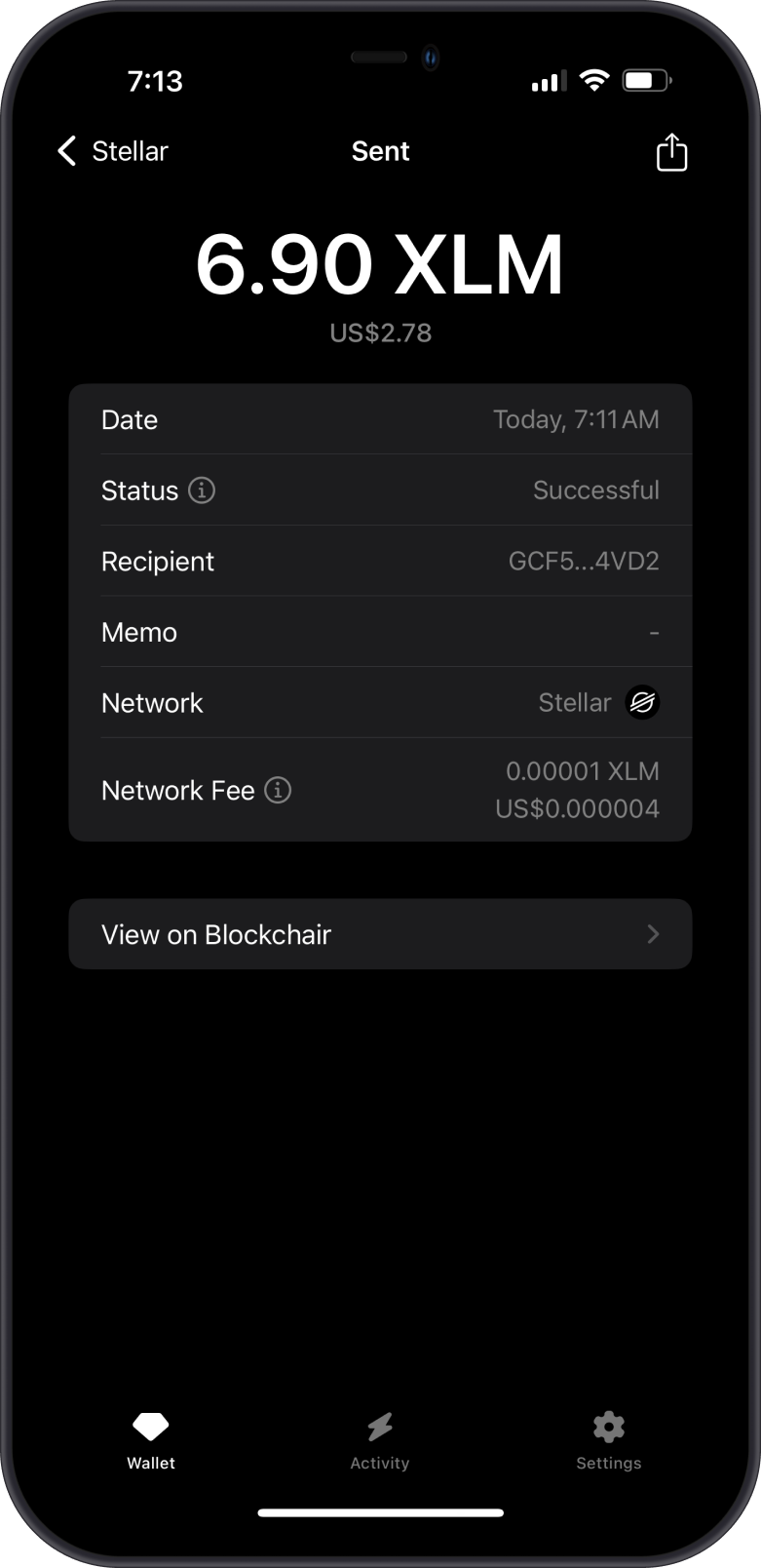 XLM Transaction Screen