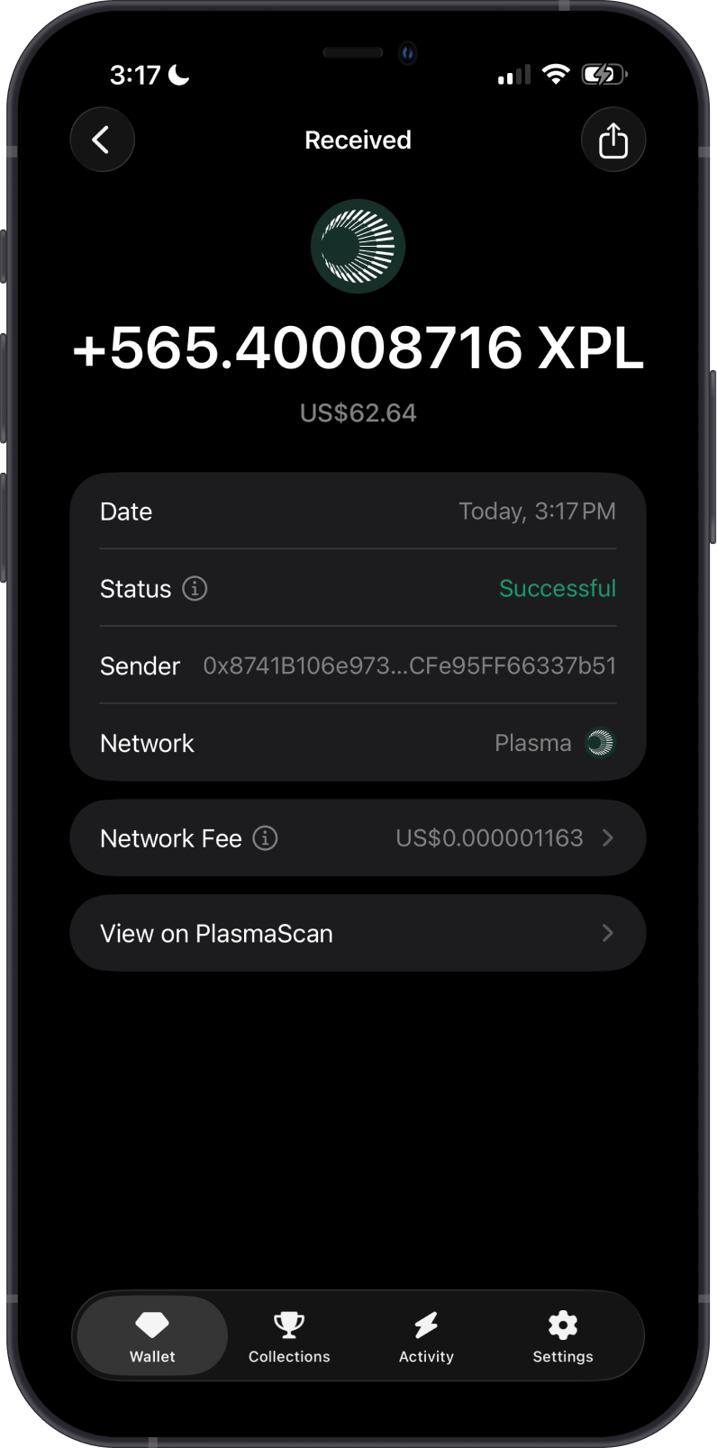 Received XPL Transaction on Gem Wallet