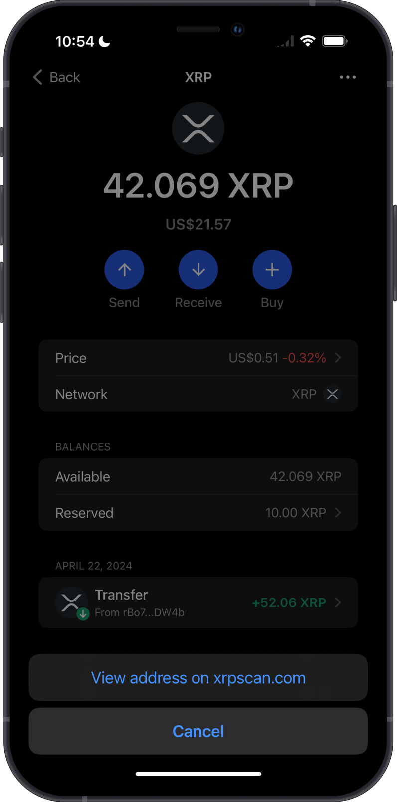 View XRP Balance Screen