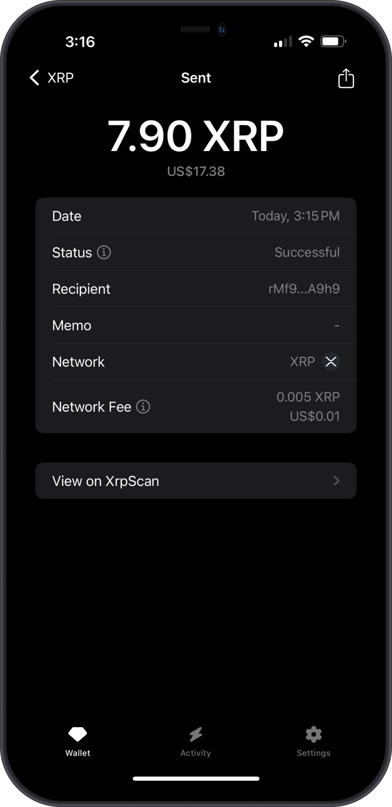 XRP Transaction Screen