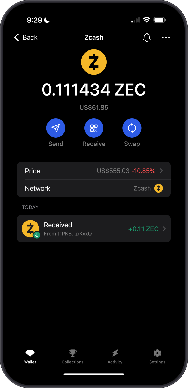 Zcash on Gem Wallet
