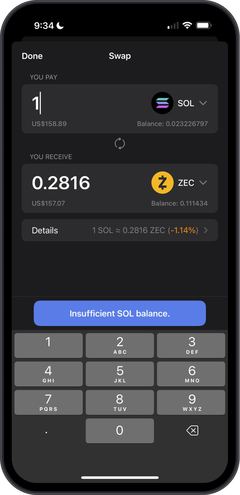 Swap Solana to Zcash with Gem Wallet
