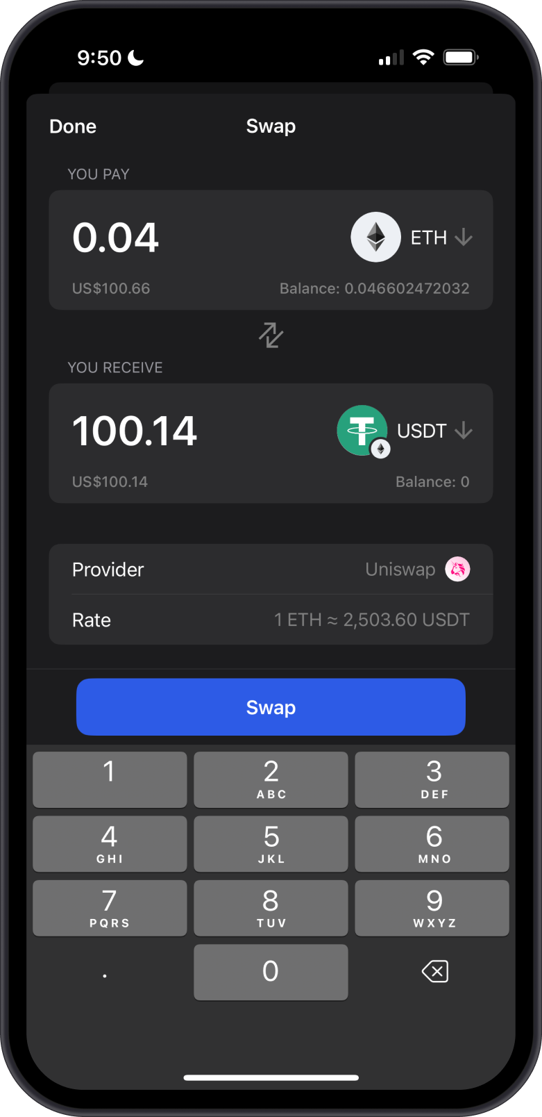 Swapping ETH to USDT on Ethereum