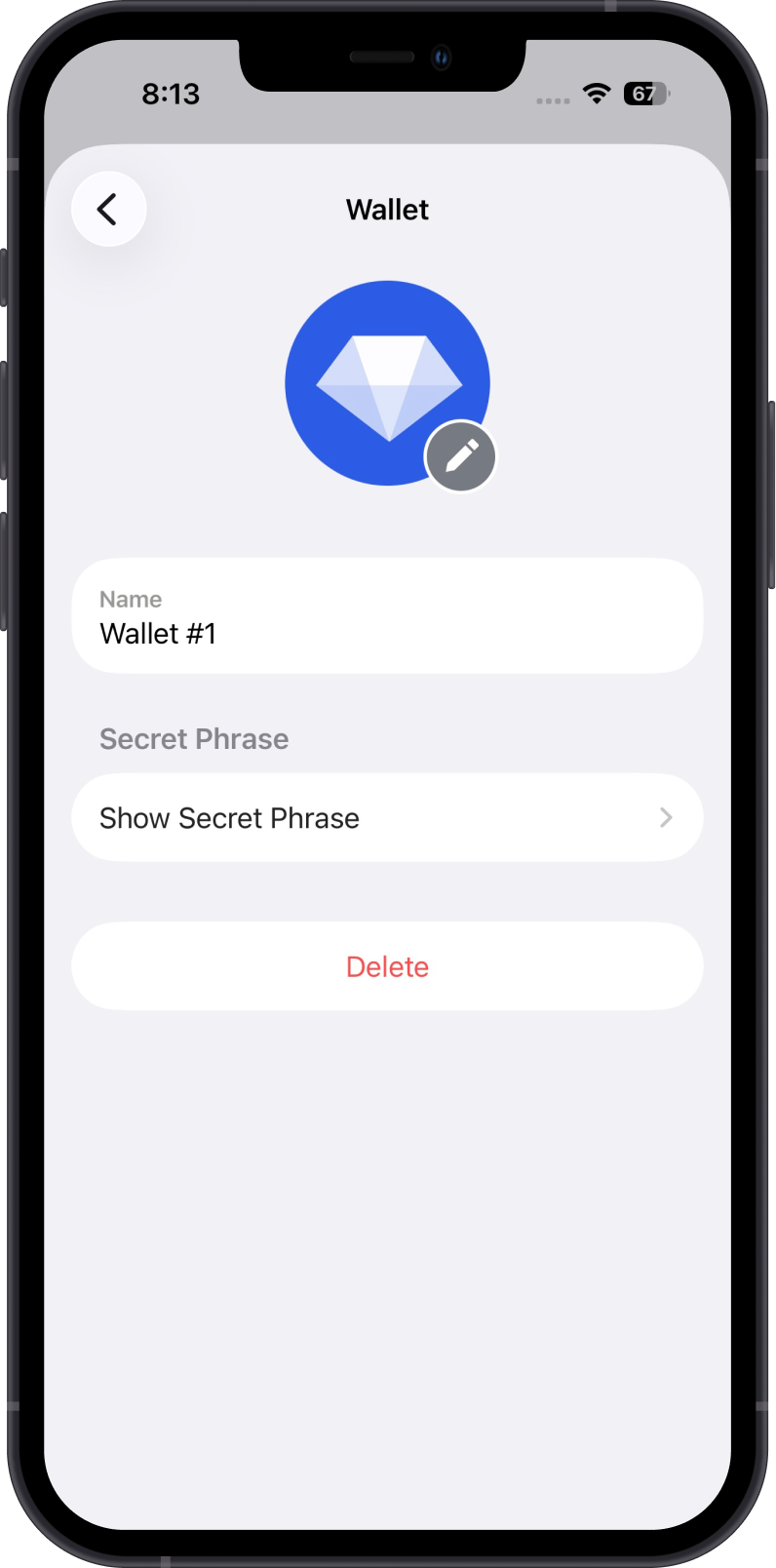 Wallet Settings Showing the Secret Phrase Option