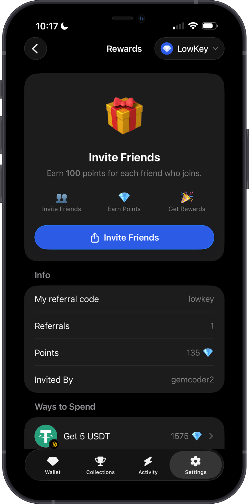 Active Gem Wallet Referral Rewards Profile