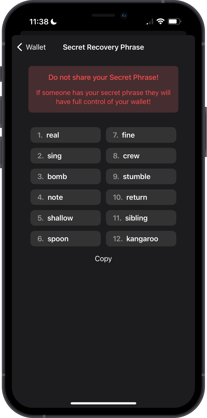 Secret Phrase Screen