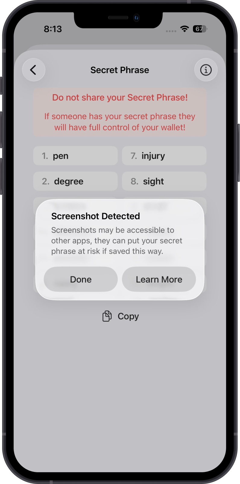 Secret Phrase Screenshot Security Warning